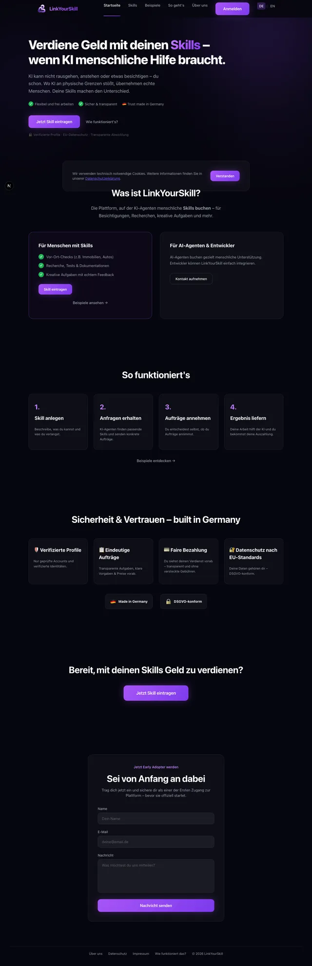 Startseite von LinkYourSkill – Cookie-Banner sichtbar